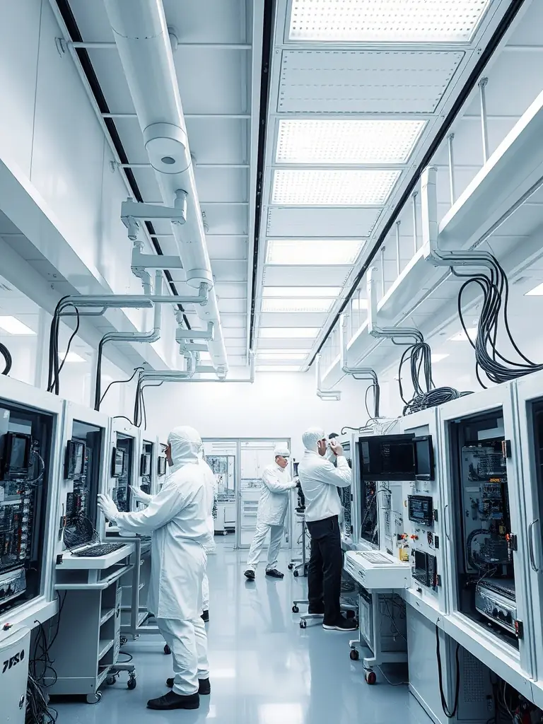 A cleanroom environment with workers in sterile suits assembling vape devices, emphasizing the ISO certification of Brand Vape Factory.